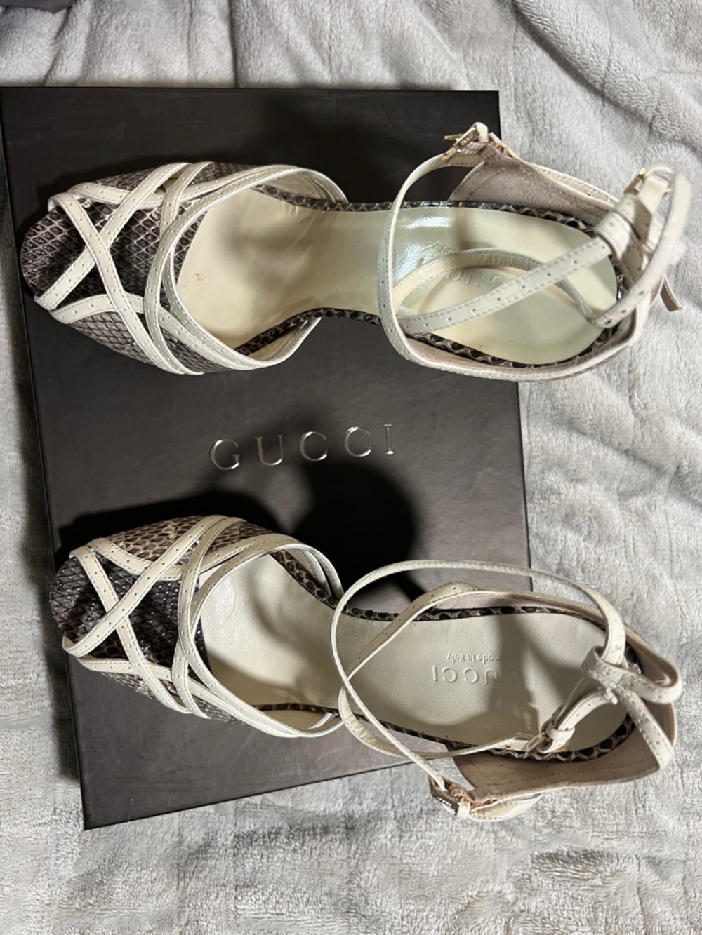 Gucci White Strappy Snakeskin-Trim Heels